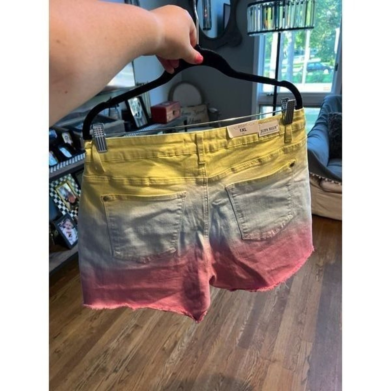 Judy Blue Large Cut Off Denim Shorts Dip Dye Ombre Yellow Blue Pink Frayed Nwt — image 2 of 4